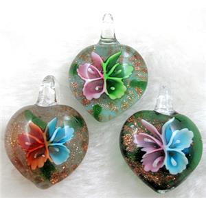murano style lampwork glass pendant with goldsand, heart, butterfly, mixed color, 28-30mm dia [LWBPD224MIX]