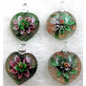 murano style lampwork glass pendant with goldsand, heart, butterfly, mixed color, 30mm dia [LWBPD225MIX]