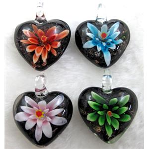 murano style lampwork glass pendant with goldsand, heart, butterfly, mixed color, 30mm dia [LWBPD226MIX]