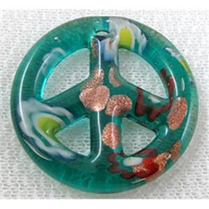 glass lampwork pendant, peace sign, peacoca-blue, 35mm dia [LWBPD228C01]
