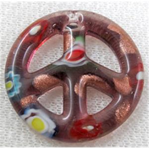 glass lampwork pendant, peace sign, deep-red, 35mm dia [LWBPD228C02]
