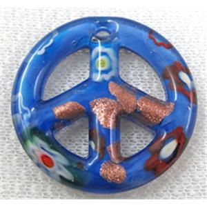 glass lampwork pendant, peace sign, blue, 35mm dia [LWBPD228C03]