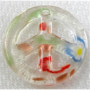 glass lampwork pendant, peace sign, clear, 35mm dia [LWBPD228C04]