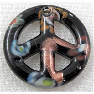 glass lampwork pendant, peace sign, black, 35mm dia [LWBPD228C06]