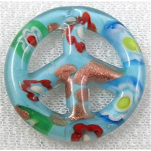glass lampwork pendant, peace sign, blue, 35mm dia [LWBPD228C07]