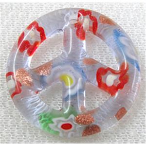 glass lampwork pendant, peace sign, clear, 35mm dia [LWBPD228C08]