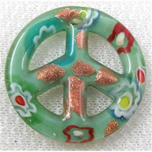 glass lampwork pendant, peace sign, green, 35mm dia [LWBPD228C09]