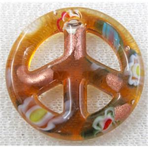 glass lampwork pendant, peace sign, golden, 35mm dia [LWBPD228C10]