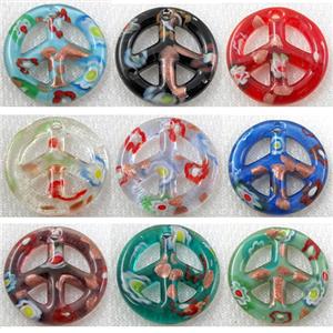 glass lampwork pendant with goldsand, peace sign, mixed color, 50mm dia [LWBPD228MIX-50MM]
