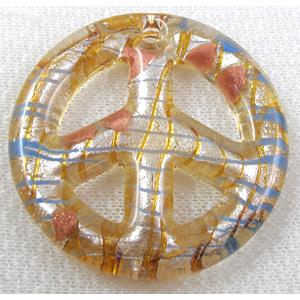glass lampwork pendant with silver foil, peace sign, lt.yellow, 50mm dia [LWBPD229C01]