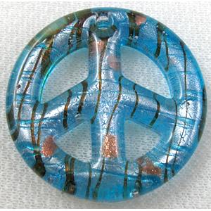 glass lampwork pendant with silver foil, peace sign, blue, 50mm dia [LWBPD229C02]