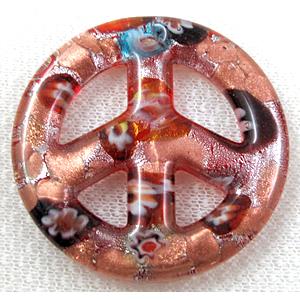 glass lampwork pendant with silver foil, peace sign, red, 50mm dia [LWBPD229C03]