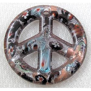 glass lampwork pendant with silver foil, peace sign, black, 50mm dia [LWBPD229C04]