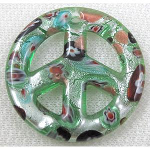 lampwork glass pendant with silver foil, peace sign, green, 50mm dia [LWBPD229C05]