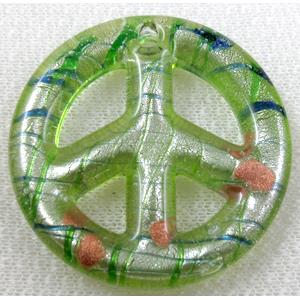 lampwork glass pendant with silver foil, peace sign, green, 50mm dia [LWBPD229C06]