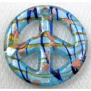 lampwork glass pendant with silver foil, peace sign, blue, 50mm dia [LWBPD229C07]