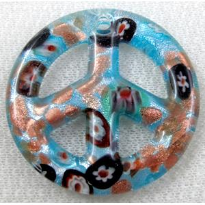 lampwork glass pendant with silver foil, peace sign, blue, 50mm dia [LWBPD229C08]