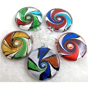 dichromatic glass lampwork pendant with silver foil, flat-round, mixed color, 40mm dia [LWBPD232]