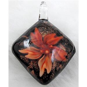murano style lampwork glass pendant with goldsand, flower, red, 32x45mm [LWBPD240C01]