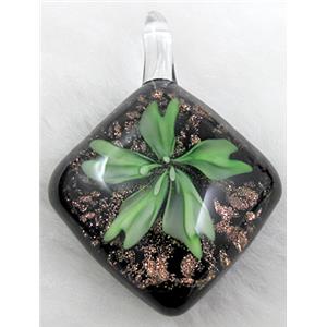 murano style lampwork glass pendant with goldsand, flower, green, 32x45mm [LWBPD240C02]