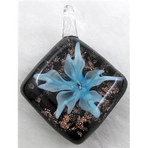 murano style lampwork glass pendant with goldsand, flower, sky-blue, 32x45mm [LWBPD240C03]