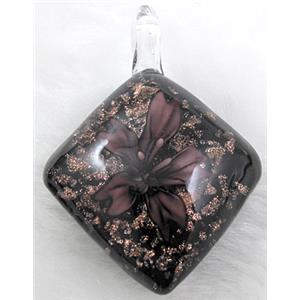 murano style lampwork glass pendant with goldsand, flower, 32x45mm [LWBPD240C04]