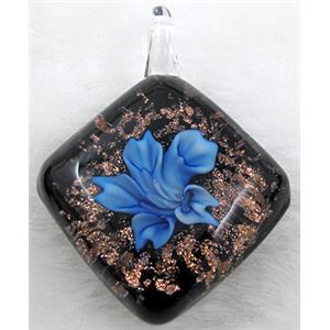 murano style lampwork glass pendant with goldsand, flower, blue, 32x45mm [LWBPD240C05]