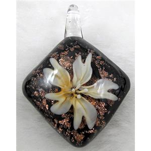 murano style lampwork glass pendant with goldsand, flower, yellow, 32x45mm [LWBPD240C06]