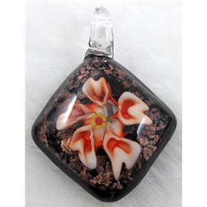 murano style lampwork glass pendant with goldsand, flower, red, 32x45mm [LWBPD241C01]