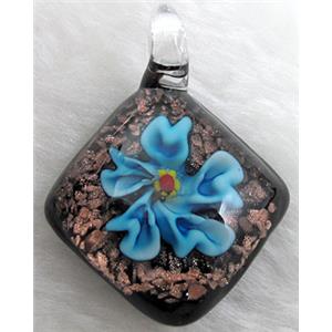 murano style lampwork glass pendant with goldsand, flower, blue, 32x45mm [LWBPD241C02]