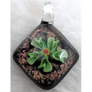 murano style lampwork glass pendant with goldsand, flower, green, 32x45mm [LWBPD241C03]