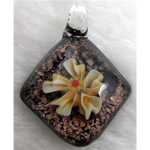 murano style lampwork glass pendant with goldsand, flower, lt.yellow, 32x45mm [LWBPD241C04]