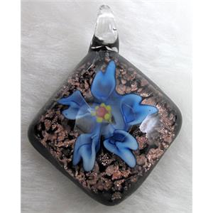 murano style lampwork glass pendant with goldsand, flower, blue, 32x45mm [LWBPD241C05]