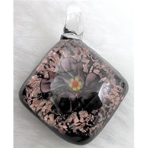 murano style lampwork glass pendant with goldsand, flower, grey, 32x45mm [LWBPD241C06]
