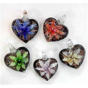 lampwork pendant with flower, mixed color, approx 30mm dia [LWBPD244]