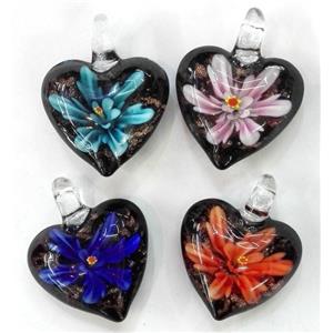 lampwork pendant within flower, heart, approx 30mm dia [LWBPD245]
