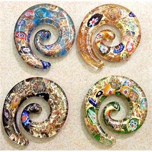 Lampwork glass pendant within gold foil. mixed color, approx 40mm dia [LWBPD350]