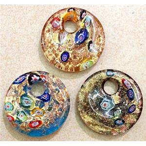 Lampwork glass pendant within gold foil. mixed color, approx 40mm dia [LWBPD351]