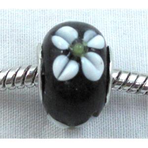lampwork glass beads, flower, rondelle, black, approx 14mm dia, hole: 5mm [LWBPST007]