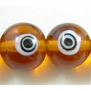 lampwork glass beads with evil eye, round, yellow, 12mm dia, 3 eyes [LWBRD11]