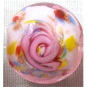 lampwork glass beads, flower, round, pink, 12mm dia, 33pcs per st [LWBRD21C02]
