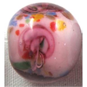 lampwork glass beads, flower, round, pink, 12mm dia, 33pcs per st [LWBRD21C03]