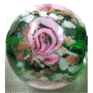 lampwork glass beads, flower, round, green, 12mm dia, 33pcs per st [LWBRD21C04]