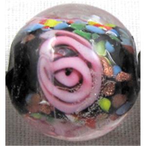 lampwork glass beads, flower, round, black, 12mm dia, 33pcs per st [LWBRD21C06]
