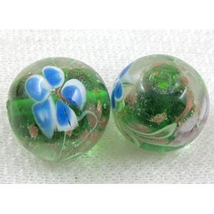 glass lampwork beads with goldsand, round, flower, green, 20mm dia [LWBRD23C01]