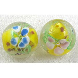 glass lampwork beads with goldsand, round, flower, yellow, 20mm dia [LWBRD23C03]
