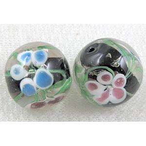 glass lampwork beads with goldsand, round, flower, black, 20mm dia [LWBRD23C06]
