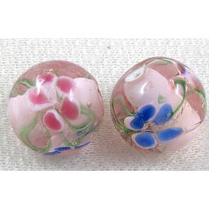 glass lampwork beads with goldsand, round, flower, pink, 20mm dia [LWBRD23C08]