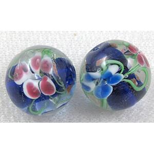 glass lampwork beads with goldsand, round, flower, blue, 20mm dia [LWBRD23C09]