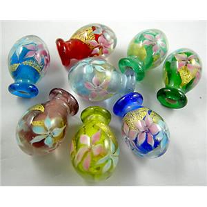 Lampwork Glass Bottle pendant with gold foil and flower, mix, 20mm dia, 30mm high, hole:6mm [LWBSB02MIX]